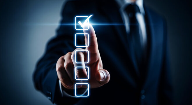 Businessman's finger touches glowing checkmark on digital checklist image