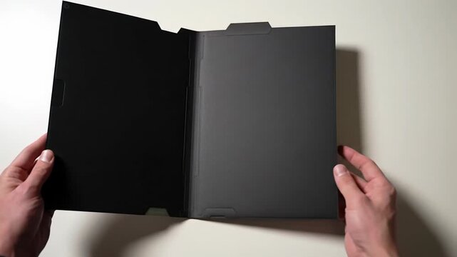 Well-groomed male hands with a gold wedding band open a black folder on a pristine white tabletop, studio lighting, overhead video, organized efficiency concept
