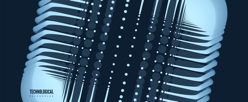A multitude of dynamic blue dots on a black background create a blocky form. Pulsating electrical energy in multilayered movement. Industrial style for digital projects. 3D vector for design.