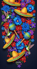 Fototapeta premium Vibrant Mexican celebration with sombrero, maracas, hummingbirds, and colorful flowers, symbolizing culture, festivity, and joy