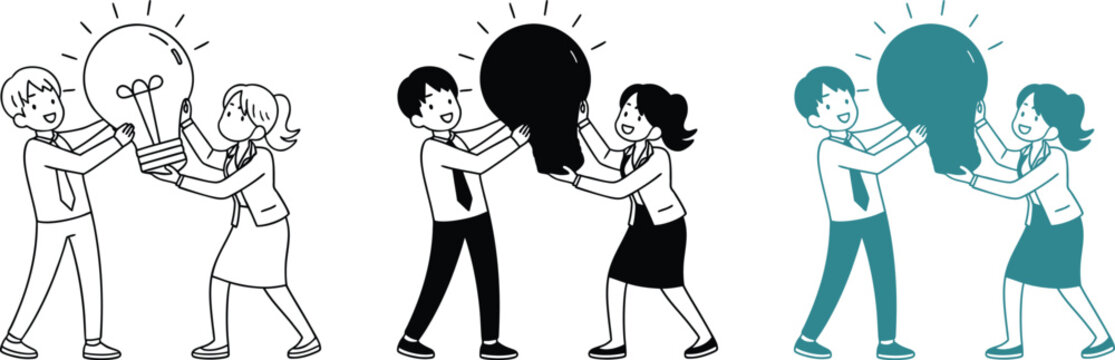 Man and woman holding big light bulb illustration set for team brainstorming and ideas.