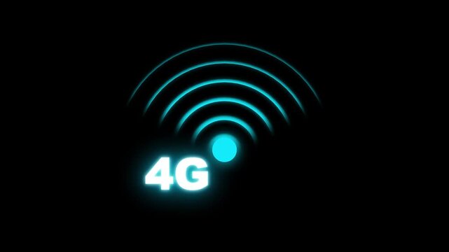 Glowing 4G network Interface animation on black background. Digital telecommunication 4G icon animation with light effects.