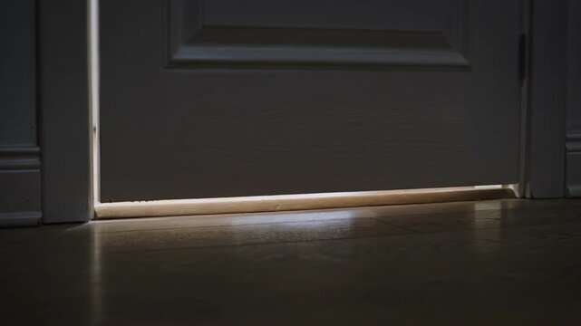 Soft light leaks under a closed interior door in a quiet room, creating a cinematic sense of mystery and anticipation, ideal for storytelling, suspense visuals, or conceptual advertising