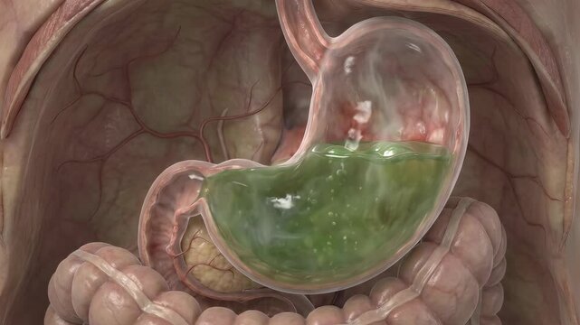 3D human stomach with bubbling green acid and rising steam, heartburn and acid reflux concept, digestive inflammation visualization, 4K video