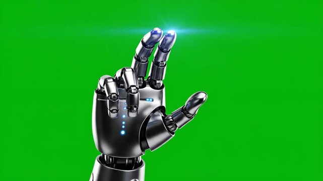 A metallic robotic hand performs various touch gestures on a virtual interface, ideal for tech projects and presentations