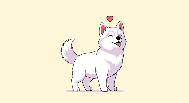 White samoyed dog stands with a cheerful expression and a red heart floating above its head against a soft yellow background color.