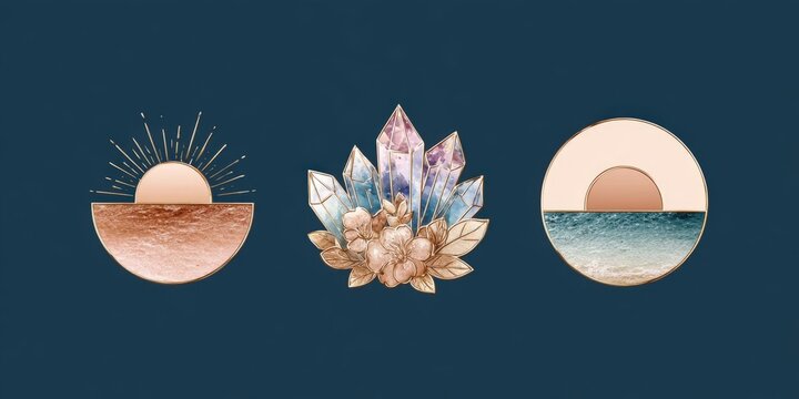 Modern Abstract Logo Template Featuring Female, Sunset, Ocean, Moon, Crystals, and Arches for Travel and Accommodation Services