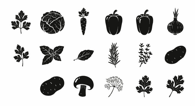 Vintage black botanical icons set, monochrome floral and garden clipart vector silhouettes. Leaves, mushrooms, vegetables, herbs for logo, labels, packaging