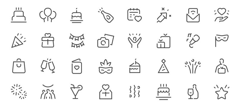 Party celebration line icons set. Holiday, festive elements