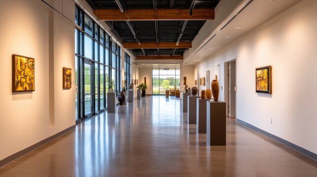 A contemporary art gallery showcasing various sculptures and paintings, illuminated by natural light