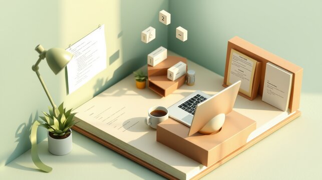 Minimalist workspace scene. Desk features laptop, plant, lamp, papers, coffee cup. Cubes float above surface. Soft lighting creates calm mood.