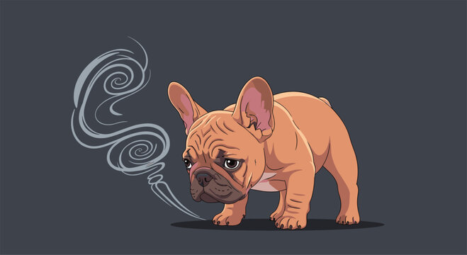 Sad French Bulldog looking down with a swirling scent cloud behind it representing a bad smell, flatulence, or feeling unwell.