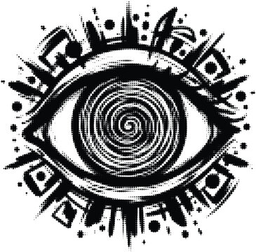 Mystical eye symbol with swirling hypnotic iris surrounded by geometric patterns and radiating halftone dots in a stylized black and white illustration