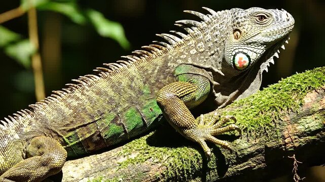 Close up of a large green iguana resting on a tree branch, exotic reptile wildlife