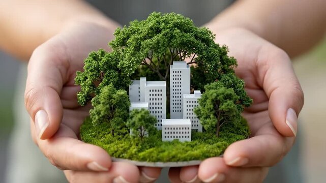 Sustainable city green building urban forest eco architecture environmental protection hands holding. Sustainable green energy business responsibility, innovation, future environmental ethics