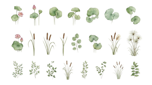 Watercolor illustrations of a diverse collection of delicate aquatic plants and marsh flora, perfect for serene natural designs
