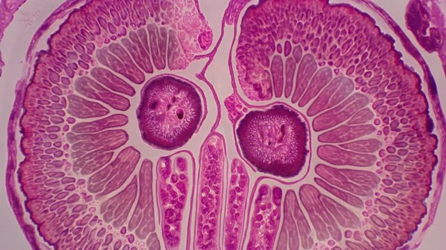 Microscopic cross-section of biological tissue displaying intricate cellular structures and internal organs, captured in a static, detailed view