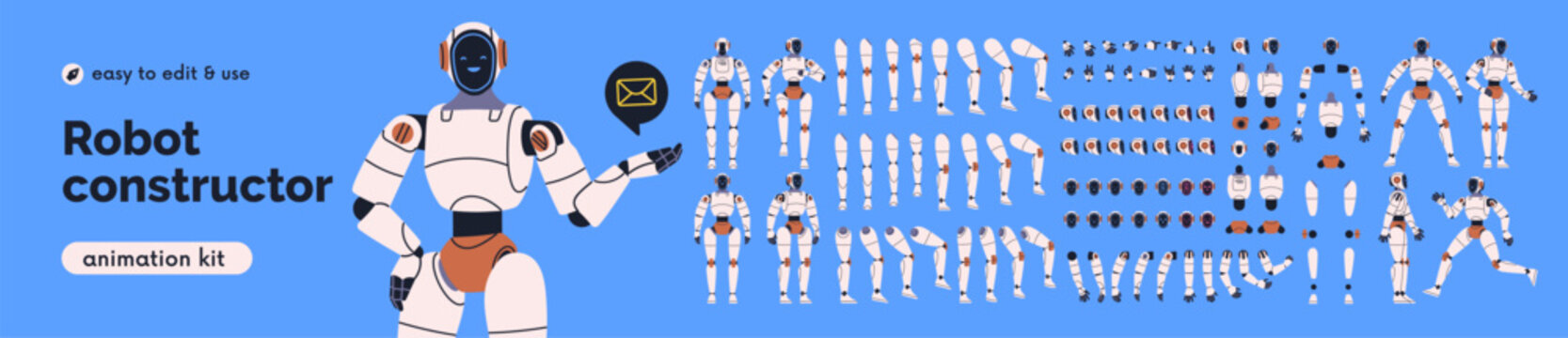 Android robot constructor set. Bot body parts, elements, poses, components, animation kit. AI assistant, electronic cyborg character, humanoid, chatbot mascot construction. Flat vector illustration