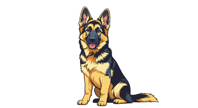 Majestic German Shepherd dog sitting calmly and looking forward displays its characteristic black and tan coat in a detailed drawing.