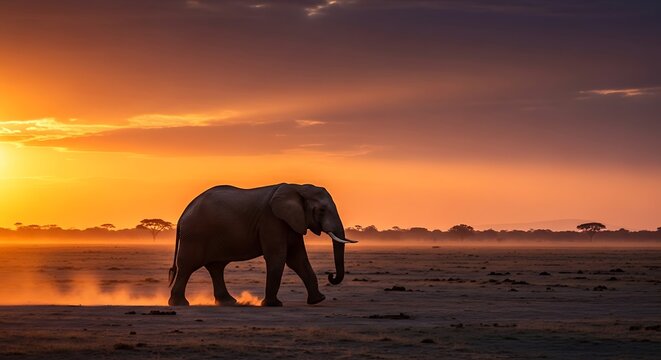 Elephant walking in savannah at sunset