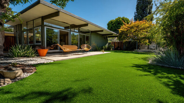 View from inside through a window frame looking out to a sunny backyard, mid-century modern house with flat roof and covered patio, dining set on patio, lush green artificial lawn, swimming pool, trop