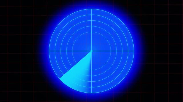 Digital sonar radar screen scanning target on dark grid background. Radar sweep motion graphic with neon blue glow.