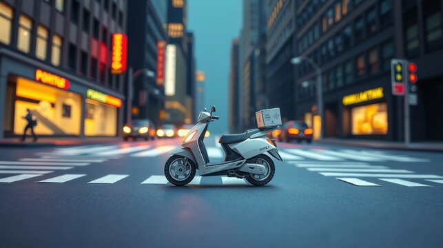 City street scene. Scooter delivers food, illuminated by vibrant lights. Buildings tower over crosswalk, creating dynamic composition.