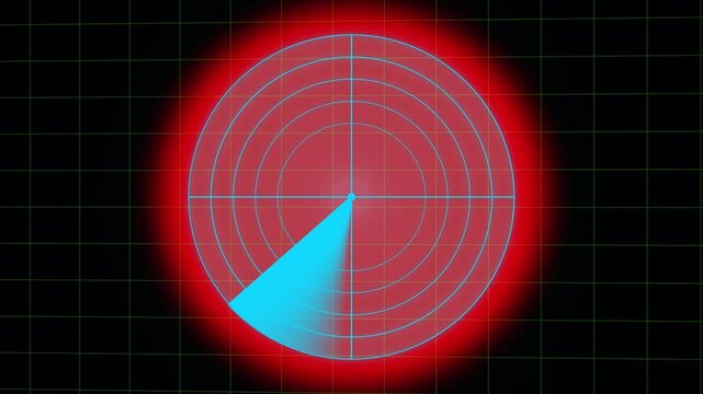Digital sonar radar screen scanning target on dark grid background. Radar sweep motion graphic with neon red glow.