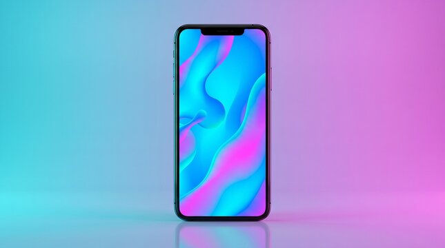 Smartphone displays vibrant blue and pink abstract wallpaper on colorful gradient background