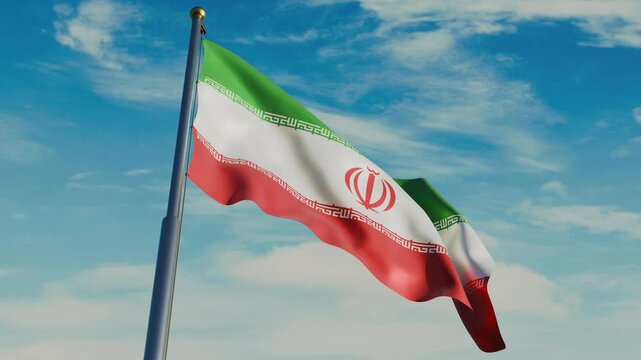 Iranian flag waving in wind with flagpole, against the background of the sky with clouds, 4K video render
