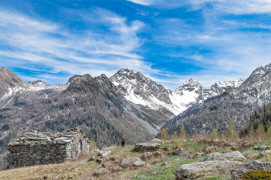 Mountain landscape in the Central Alps with Vazzeda pasture on foreground, Valmalenco, Lombardy