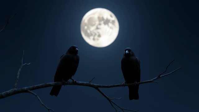 Two Black Crows Perched on Branch Against Large Full Moon at Night