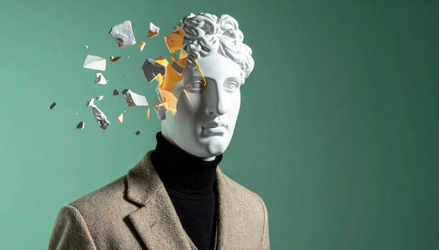 Man in tan blazer with exploding plaster statue head on green background