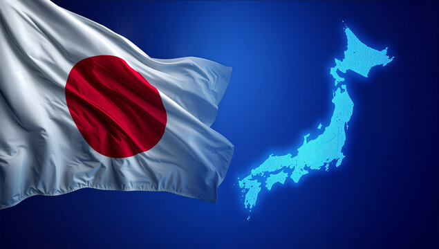 国際報道を思わせる日本国旗と地図のテレビ風背景素材