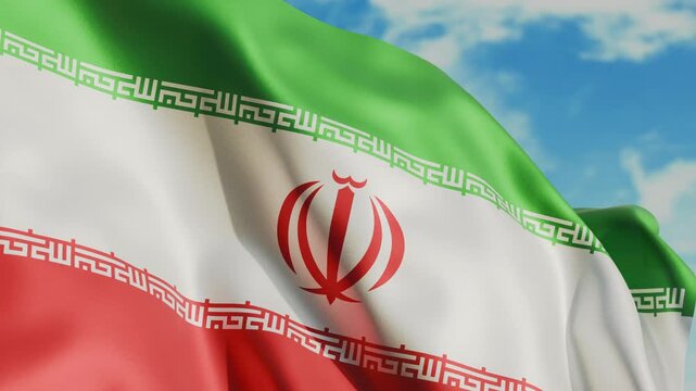 Iranian flag waving in wind close up, against the background of the sky with clouds, 4K video render