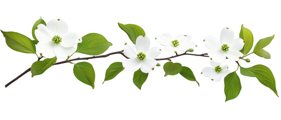 Obraz premium Beautiful white dogwood flower branch with green leaves botanical illustration png transparent