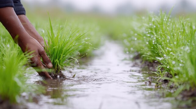 Hands of a farmer gently planting young rice seedlings in a flooded rice field, with lush green grass and water visible, showcasing agricultural practices in a rural setting