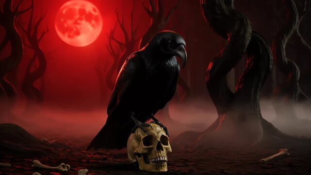 Raven on Skull in Haunted Forest with Blood Moon
