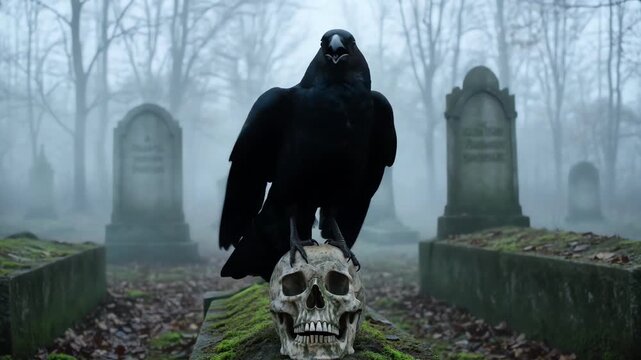 Raven Perched on Human Skull in Misty Gothic Graveyard