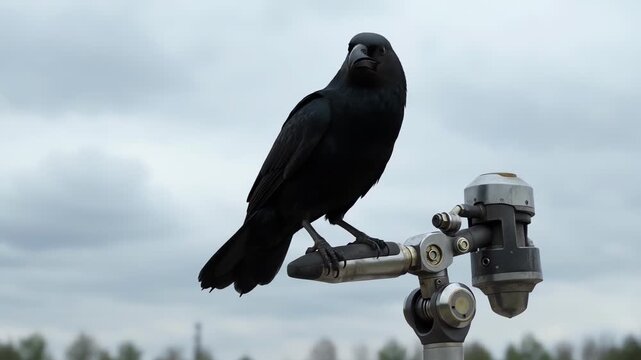 Black crow perched on metal equipment against cloudy sky