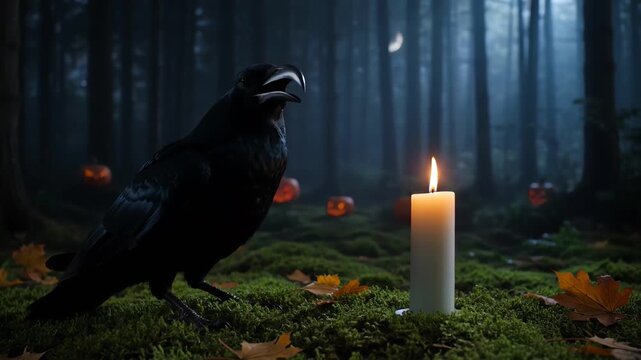 Black Raven Cawing beside Candle in Spooky Halloween Night Forest
