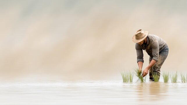 Farmer in wide-brimmed hat bends over to plant rice seedlings in flooded rice field, with soft-focus background of water and distant landscape creating a serene agricultural scene