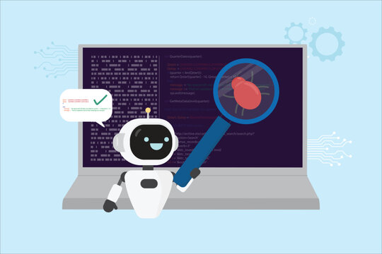 AI Robot Debugging Code, Bug Detection and Fix Suggestion Concept, Flat Design