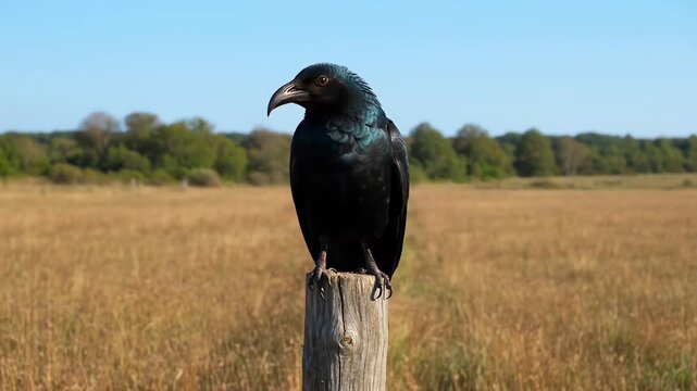 Common Raven Perched on Wooden Post in Golden Meadow