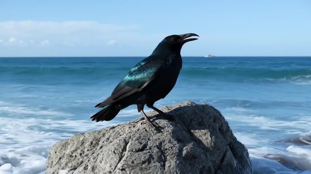 Black Bird with Iridescent Feathers Perched on Coastal Rock