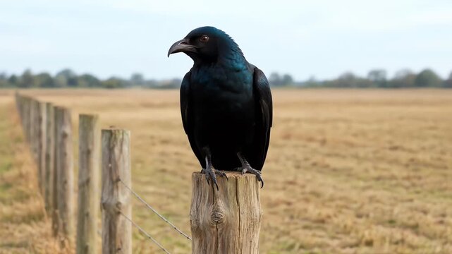 Black Raven Perched on Wooden Fence Post in Rural Field