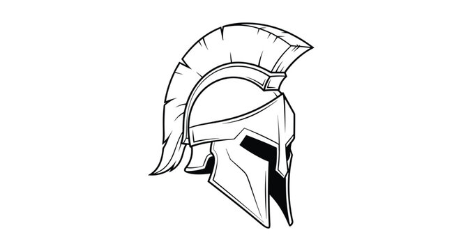 Detailed spartan warrior helmet illustration in black and white line art style for historical themes and ancient greek culture icons.