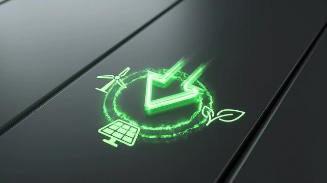 Renewable energy concept featuring green digital icons of wind turbine solar panel and leaf symbolizing sustainability carbon tracking for clean power and eco friendly solutions with glowing arrow