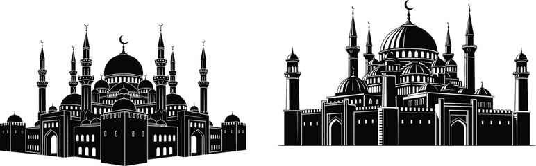 Set of black and white silhouette vector illustrations featuring detailed Islamic mosque architecture with domes and tall minarets © MSTNUR