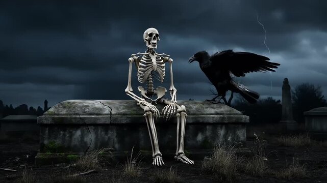 Skeleton Sitting on a Tomb with a Raven in a Stormy Cemetery